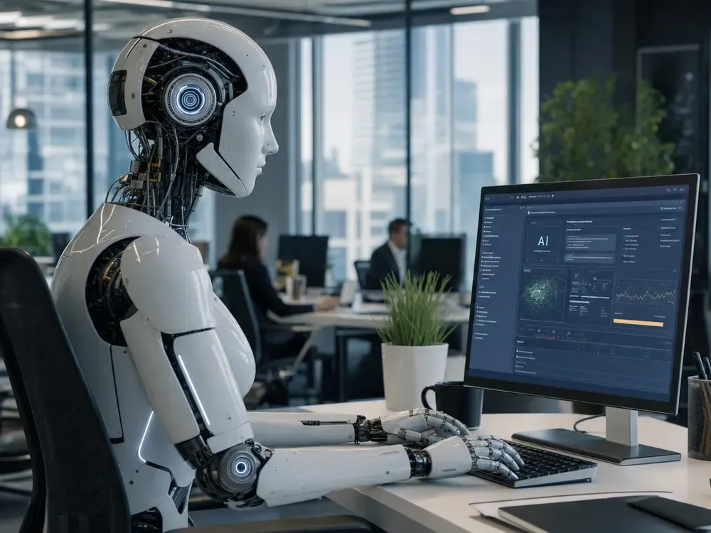 Humanoidalny robot pracujący przy komputerze z panelem AI na ekranie