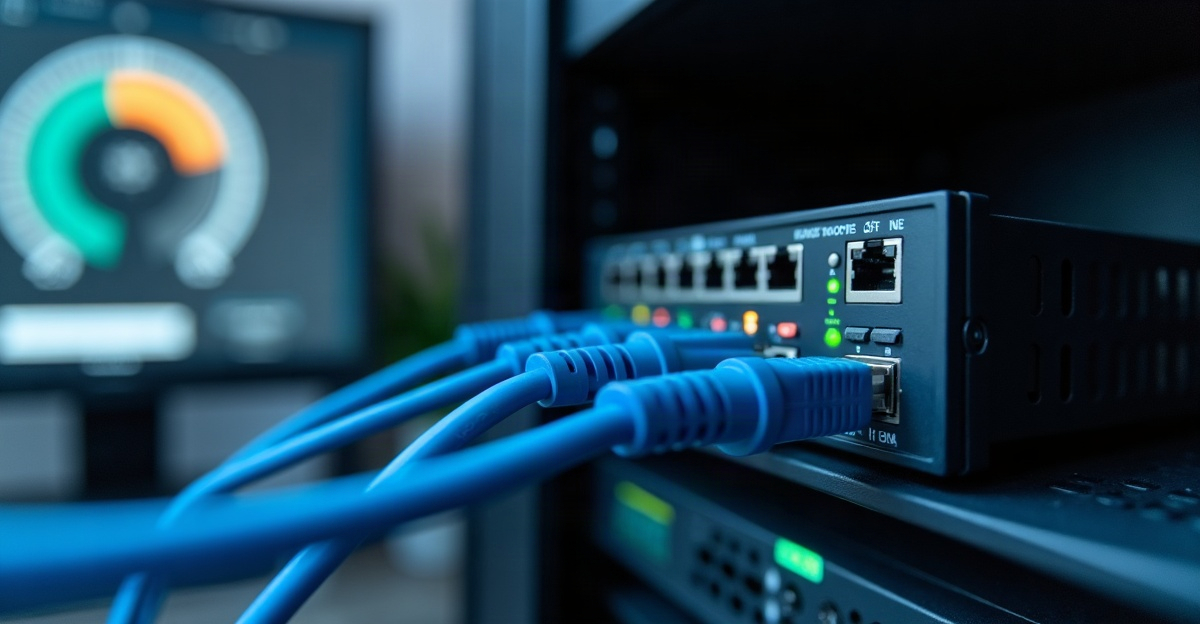 Switch sieciowy w szafie serwerowej małej firmy z podłączonymi niebieskimi kablami i świecącymi diodami, w tle monitor ze wskaźnikiem postępu aktualizacji