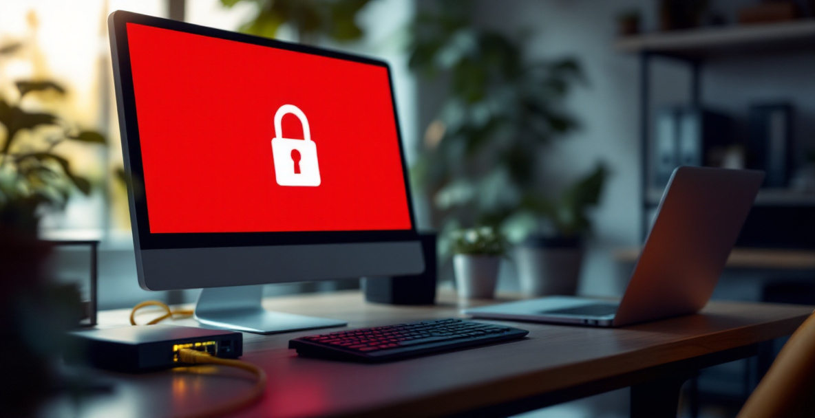 Monitor w biurze z czerwonym ekranem blokady ransomware, obok przełącznik sieciowy z odłączonym kablem