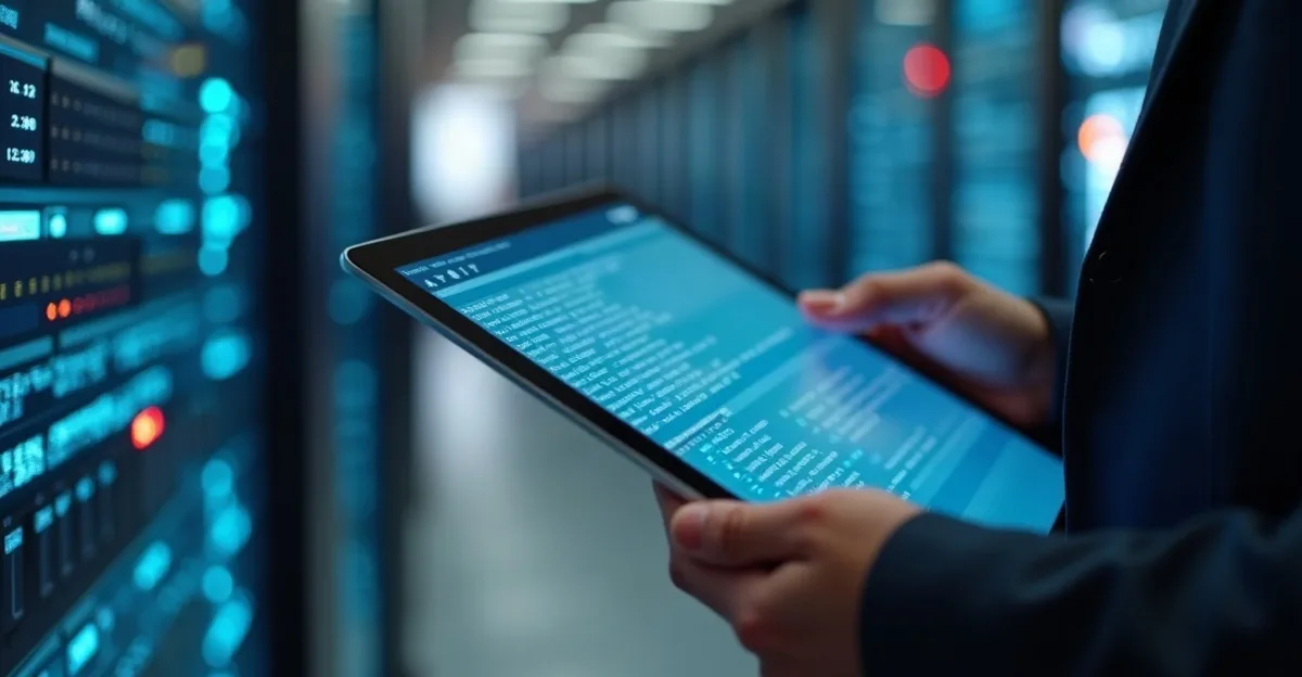 Dłonie trzymające tablet z gęstym raportem audytu bezpieczeństwa IT, w tle rozmyta serwerownia z diodami statusu