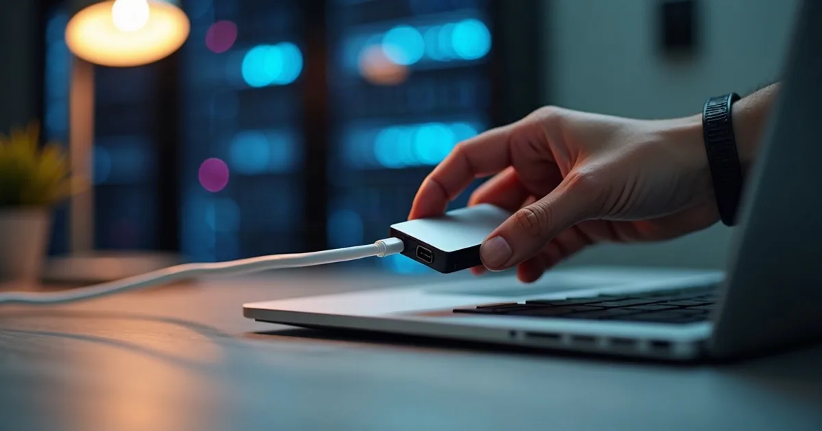 Dłoń podłącza mały zewnętrzny dysk SSD do laptopa, w tle rozmyta szafa serwerowa ze świecącymi diodami