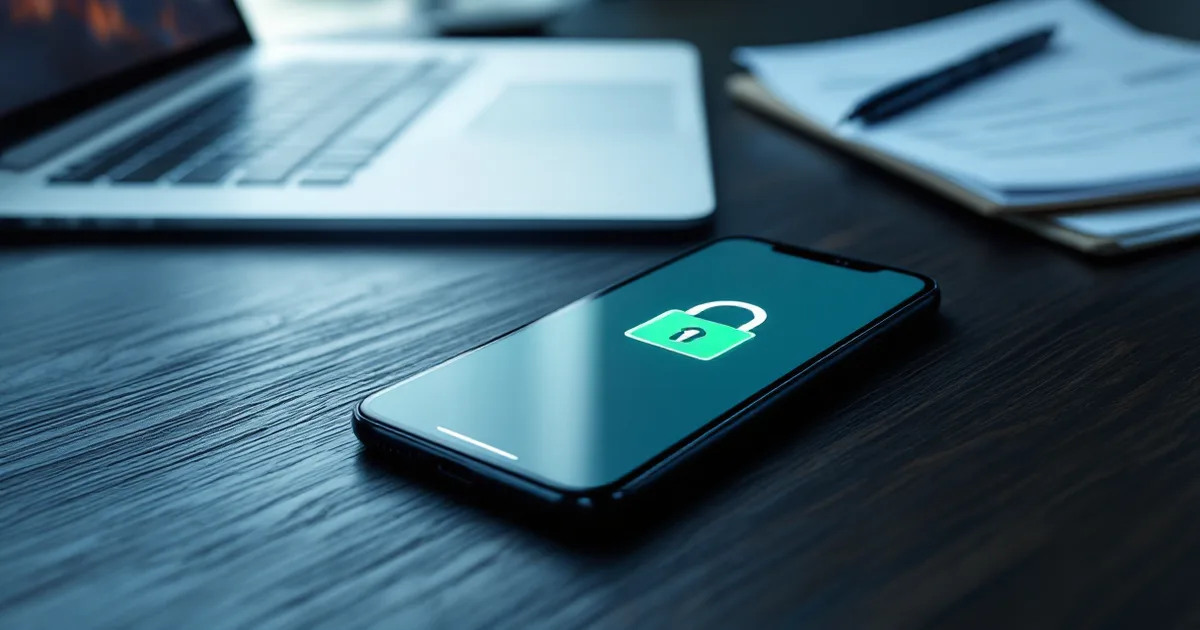 Smartfon z ikoną zielonej kłódki na ciemnym biurku obok laptopa i firmowych dokumentów, symbol bezpiecznej bankowości elektronicznej
