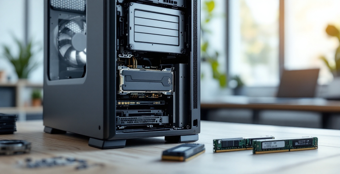 Otwarta obudowa komputera biurowego na biurku, obok kości pamięci RAM i dysk SSD przygotowane do modernizacji