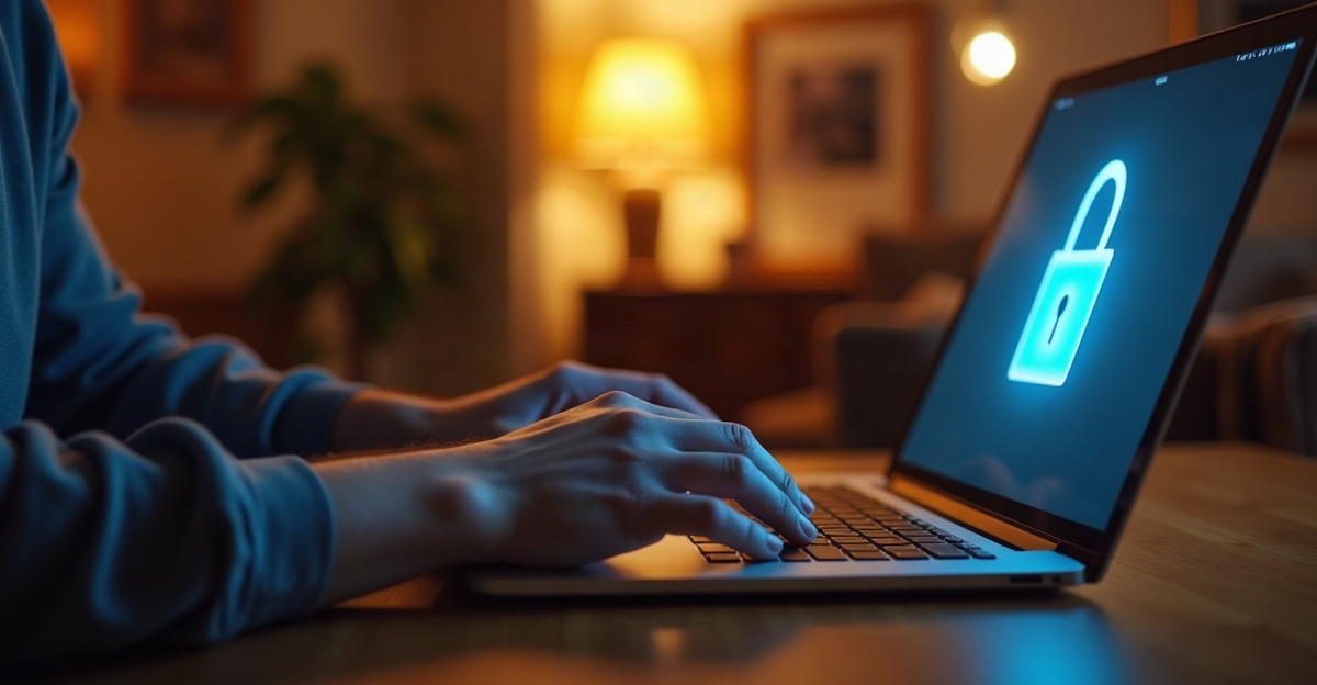 Ręce piszące na klawiaturze laptopa w domowym salonie wieczorem, na ekranie świeci ikona kłódki symbolizująca zabezpieczony zdalny dostęp do danych firmowych.