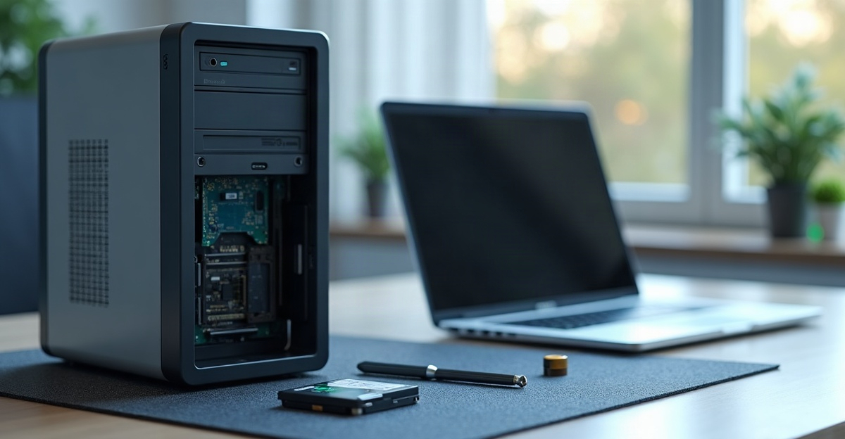 Otwarta obudowa starego komputera biurowego, obok nowy dysk SSD i nowoczesny laptop na biurku