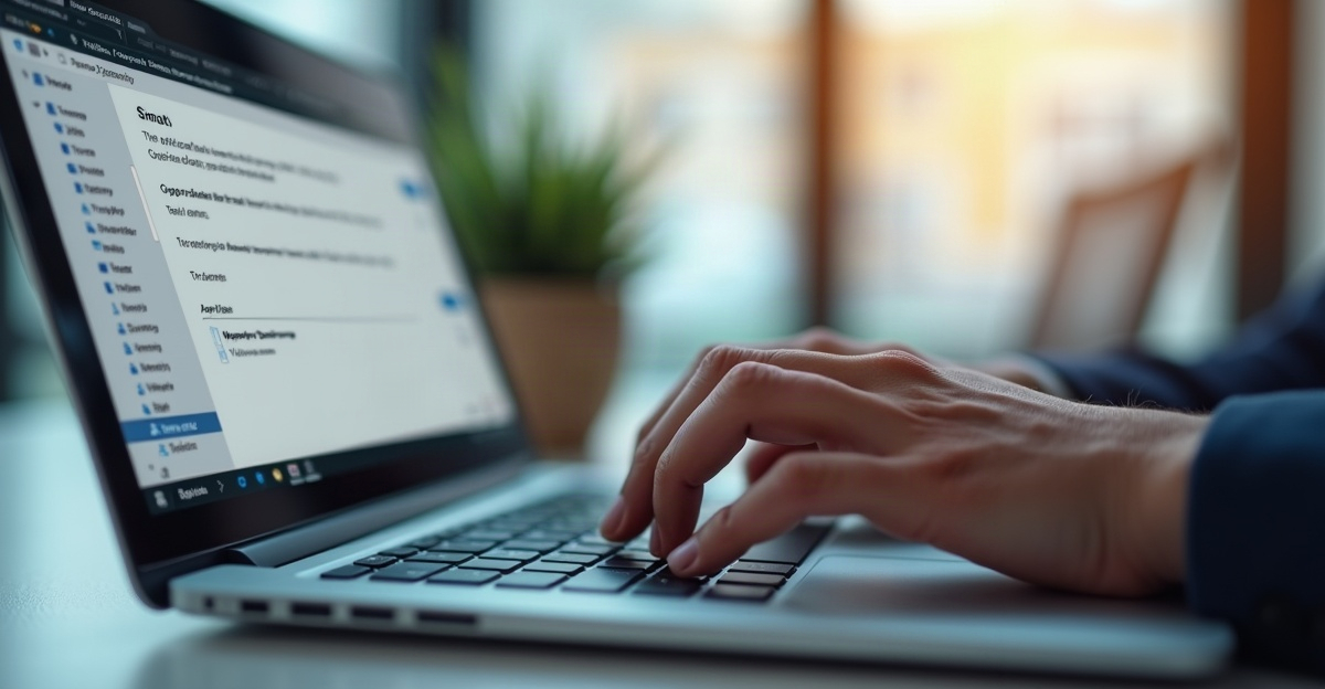 Dłonie na klawiaturze laptopa z widokiem okna tworzenia wiadomości e-mail z profesjonalną stopką na dole