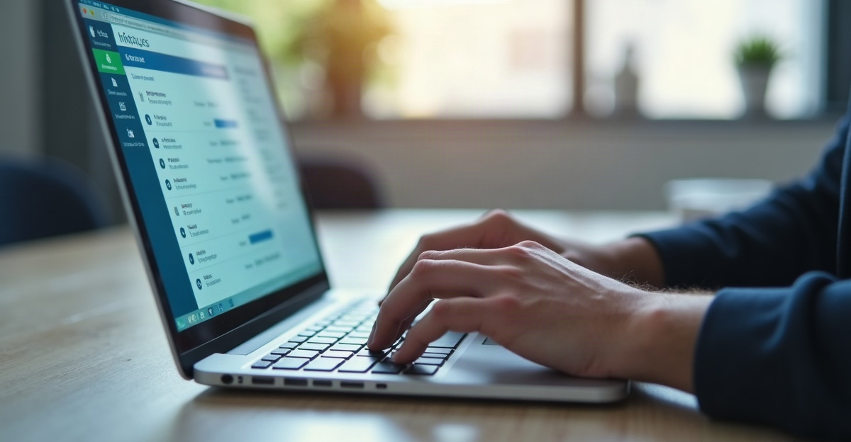 Dłonie na klawiaturze laptopa z widokiem panelu wysyłki maili z listą wiadomości i statusami wysyłki