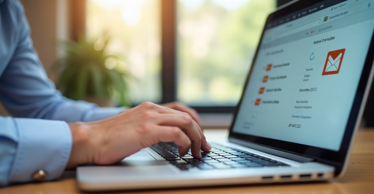 Dłonie na klawiaturze laptopa z widokiem uporządkowanej skrzynki pocztowej, w tle biuro z oknem