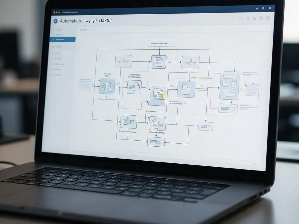 Laptop z diagramem automatyzacji wysyłki faktur na ekranie