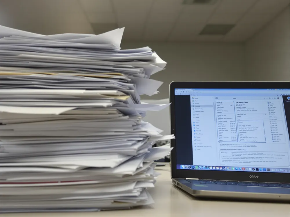 Stos papierowych dokumentów obok otwartego laptopa ze zeskanowanymi plikami