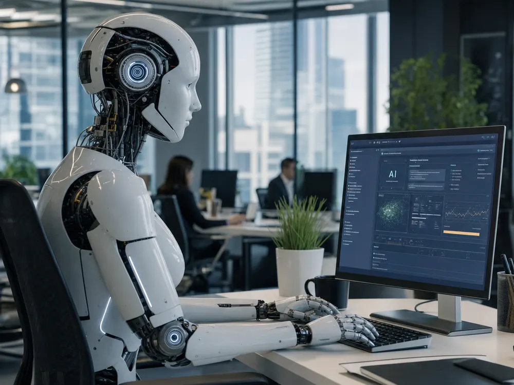 Humanoidalny robot pracujący przy komputerze z panelem AI na ekranie